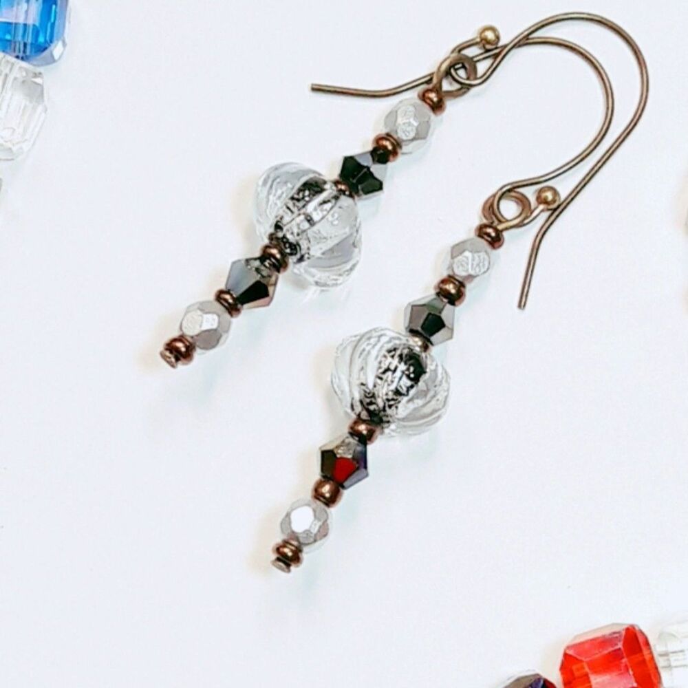 Black Glass Antique.Bronze Hooks Hidden Meaning earrings Statement Earring  443■